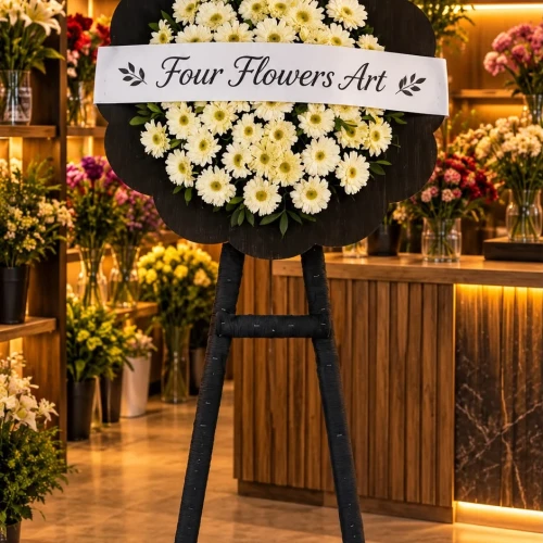 Saf Beyaz Gerbera Çiçekli Siyah Ahşap Tablalı Ayaklı Taziye Çelengi